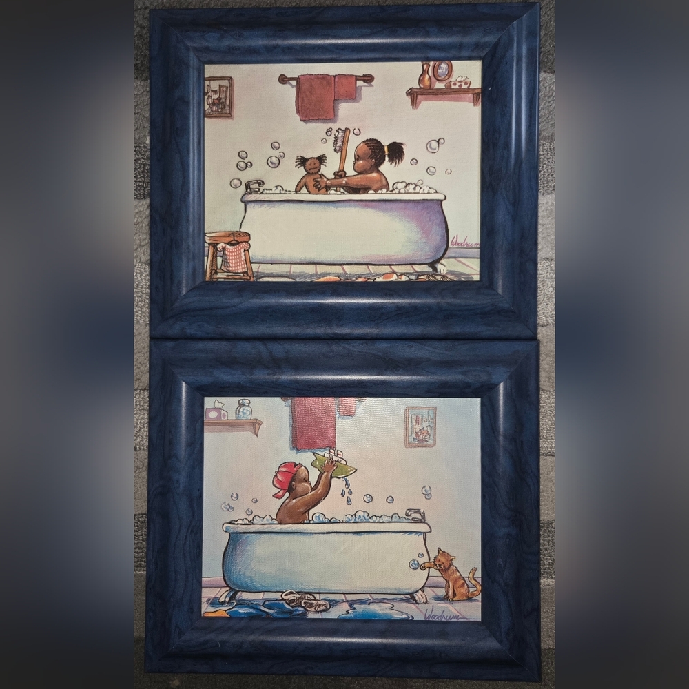 Rub-a-Dub-Dub Framed Nursery Bath Time Artwork - Cute Kids in Tub